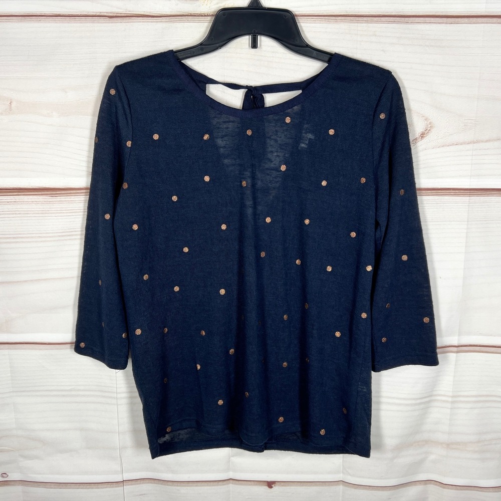 Grace & Mila Polka Dot Top Womens Medium Navy Blue Knit Button Back 3/4 Sleeve